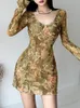 Базовые повседневные платья IAMSURE Vintage Slim с принтом и цветочным принтом облегающее платье сексуальное мини с длинным рукавом с воротником для женщин осень-зима модная леди 230914