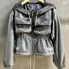 Kvinnors läder Yoloagain 2023 Autumn Overdimased Hooded Vintage Gray Jacket Women äkta damer