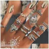 Cluster Rings Fashion Carve Antique Sier Midi Set For Women Turtle Crown Heart Lotus Knuckle Finger Female Bohemian Jewelry Gift Drop Dhc3R