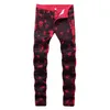 Men's Jeans 2021 Male Fashion Skeleton Skull Printed Night Club Personality Slim Fit Red Denim Pants Long Trousers277O