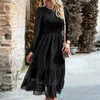 Robes décontractées Robe midi Col ras du cou à manches longues Dot Night Out Jacquard Ruffle Trim Party Clubwear Femmes