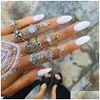 Anéis de cluster vintage boêmio midi conjunto de dedo para mulheres praia tartaruga elefante gemstone cristal junta boho moda jóias em gota d dhh2x