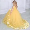 Vestidos da menina princesa amarelo inchado flor vestido para casamento crianças festa de aniversário brilhante applique pageant primeira comunhão vestidos de baile