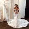 2022 Elegant Full Lace Mermaid Wedding Dresses Sexy Sheer Backless With Buttons Off the Shoulder Long Train Bride Wedding Gowns BC303d