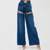 Женские джинсы с высокой талией и металлическим цветком, ажурные лоскутные прямые джинсовые брюки с широкими штанинами в форме сердца