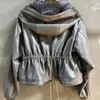 Kvinnors läder Yoloagain 2023 Autumn Overdimased Hooded Vintage Gray Jacket Women äkta damer