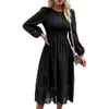 Robes décontractées Robe midi Col ras du cou à manches longues Dot Night Out Jacquard Ruffle Trim Party Clubwear Femmes