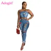 Kvinnors träningsdräkter Adogirl Cartoon Patch Jeans Two Piece Set Spaghetti Straps Crop Top Curled Pant Sexig Night Club Suit Casual Outfits 230915