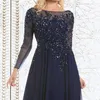 2019 I più venduti eleganti blu navy abiti per la madre della sposa in chiffon trasparente manica lunga collo trasparente appliques paillettes Evenin245w