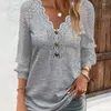 Women's T Shirts Lace Patch V-Neck Buttoned Top Women 2023 Autumn Solid V Neck Hollow Out Tops Slim Fit Loose Regular Work Y2k Elegant