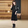 Plus Size Striped Sweaters Dresses 2023 Women Fashion Designer Fine Elegant Slim Party Knitted Jumper Dress Autumn Winter Soft Warm Office Lady Casual Midi Frocks