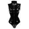 Combinaisons pour femmes Barboteuses Noir Entrejambe Zipper Sans Manches Sexy Spandex Body En Cuir Latex Catsuit PVC Combinaison Femmes Court PU BodySuit Clubwear 230914