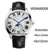 New Drive WSNM0008 Steel Case Silver Texture Dial Big Roma Automatic Moon Phase Mens Watch Black Leather Cheap Watches CAR-B31b2274Z