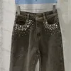 Damen-Jeans, modisch, Strass-Buchstabe, grau, weites Bein, Retro-Waschung, hohe Taille, lässige Jeans mit geradem Bein