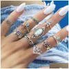Anéis de cluster vintage boêmio midi conjunto de dedo para mulheres praia tartaruga elefante gemstone cristal junta boho moda jóias em gota d dhh2x