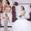 Vestidos de casamento de sereia árabe plus size com trem destacável mangas compridas rendas espartilho frisado vestidos de noiva africanos varredura train240y