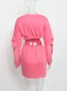 Grundläggande casual klänningar FQLWL Fallkläder för kvinnor långärmad ihålig ut o nackklänning rosa fest miniklubb kvinnlig 230915