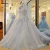 Dubaï robes de mariée bleu ciel avec longue cape perles de cristal gonflées robes de bal de mariée Robe De Mariee 2021 Appliques Casamento305h