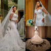 2023 Luksusowe koronkowe sukienki ślubne syreny Przez długie rękawy Pearl z koralikami sukienki ślubne Afrykańskie suknie ślubne plus rozmiar BC15031 02314K