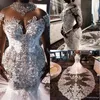 Vestidos de novia de sirena de encaje sudafricano de cuello alto de lujo Cristales rebordear Mangas largas transparentes Vestidos de novia de talla grande Vestiods264p