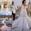 Abiti da sposa a sirena sudafricana Applicazioni in pizzo Plus Size Maniche lunghe trasparenti Abiti da sposa Abiti da sposa in raso Sweep Train2356