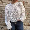 Nouveau design femmes col montant style lanterne à manches longues perspective dentelle crochet floral ample grande taille haut chemisier shirt244S