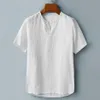 Camisas casuales para hombres Hombres de manga corta de lino sin cuello vestido suave suelto vacaciones top tee camisa de trabajo rayas3244