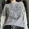 Camiseta para mujer Camiseta con estampado cruzado Mujer Y2K Cyber Grunge 00s Retro Harajuku Patchwork Camiseta de manga larga E Girl Gothic Mall Goth Sweats Tops 230915