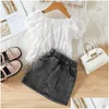 Conjuntos de roupas New Kids Designer Shorts Dois Peça Set Baby Girl Roupas Lanterna Mangas Shoder Comprimento Top e Open Bag Denim Saia para Dhn31