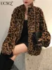 Dames Bont Nepbont UCXQ Vintage dames luipaardprint Bruin opstaand vest Lamswollen jassen Losvallend casual lange mouwen Blends bontjas 23A4640 230915