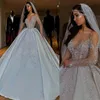 2021 Dubai Arapça Lüks Bir Çizgi Gelinlik Resmi Gelin Elbise Mücevher Boyun İllüzyon Sheer Kristal Boncuk Uzun Kollu Satin BA234U