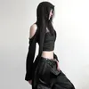 Женские толстовки с капюшоном Goth Dark с открытыми плечами Techwear Укороченные кардиганы Y2k Mall Готические сексуальные женские укороченные топы с капюшоном Панк Гранж с пряжкой Уличные рубашки 230914