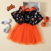 Kläder sätter Halloween för babyflickor klänning tecknad pumpa långärmad mesh tutu hårband jumpsuit spädbarn hem 230914