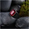 Solitaire Ring Mode Roestvrij Staal Trendy Heren Punk Gothic Biker Rood Vierkant Ruby Steen Zwarte Ringen Sieraden Met Glazen Stenen Drop Dhjgi