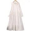 Casual Dresses Spring Autumn Womens Literary White Embroidered Dress Cotton Linen Loose Wide Bottom Doll Female Pullover Petticoat