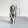 ABD Depo Çok Çözünen Rhinestone Bling Sıcak Soğuk Su Şişesi Damlı Parıltı 40Oz Zebra Stripe Tumbler Sap kapağı ve saman ile 25 paket göndermeye hazır