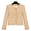 2023 Light Tan Solid Color Jacket långärmad rund hals tweed dubbelfickor enkelbröst jackor kappa korta outwear d3s158112