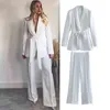 Calças de duas peças femininas traf conjunto 2023 primavera moda magro cinto feminino terno chique cintura alta perna larga blazers conjuntos festa feriado 2 peça 230915