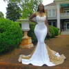 Black Girl White Mermaid Prom Dresses Gold Beaded V Neck Sequined Plus Size afrikansk formell Wear Party med spetsar Appl274m