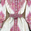 Vår- och hösten lyxig retrostil Långärmad rund nacke midja Slim Single Breasted Printed A-Line Dress Elegant Long Dress