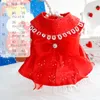 Abbigliamento per cani Abito rosso con fiocco per vestiti per cani Gatto Piccolo fiore Stampa Abbigliamento per animali domestici Carino sottile moda estiva Ragazza Yorkshire Accessori