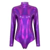 Kvinnors jumpsuits Rompers Fashion Womens Onepiece Shiny Metallic Turtleneck Long Sleeves Gymnastic Dance Leotard Bodysuit For Clubwear Stage Performance 230914