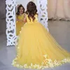 Vestidos da menina princesa amarelo inchado flor vestido para casamento crianças festa de aniversário brilhante applique pageant primeira comunhão vestidos de baile