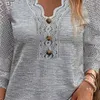 Women's T Shirts Lace Patch V-Neck Buttoned Top Women 2023 Autumn Solid V Neck Hollow Out Tops Slim Fit Loose Regular Work Y2k Elegant