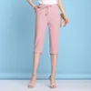 Women's Pants Summer s 2023 Breathable Cotton Linen High Waist 34 Calf Length Trouser Solid Color Korean Fashion Bottoms 230914