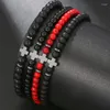 Bracciale con ciondolo in pietra naturale con croce nera opaca fatta a mano da uomo e donna, catena di preghiera fitness, coppia di gioielli