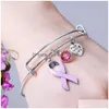 Charme pulseiras nova fita rosa consciência do câncer de mama para mulheres designer fio extensível bonito bangle enfermagem sobrevivente jóias presente d dh3en