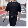 Men's Tracksuits Brand Clothing Summer Light Thin Ice Silk Loose Fitness Sports Set O-neck Mid-sleeved Tees Matching Solid Pants