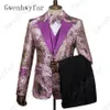 GWENHWYFAR PURPLE FLOLLAL MEN SUITE FOR WEDDING最新デザインGROOM TUXEDOS FASHION FORMAL PROM3ピーススーツジャケットベストパンツ223R