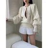 Pulls pour femmes Pull à col en V Femmes Abricot Côtelé Lanterne Manches Pull Élégant Mode Lâche Brun Femme Jumper Style Coréen Vêtements